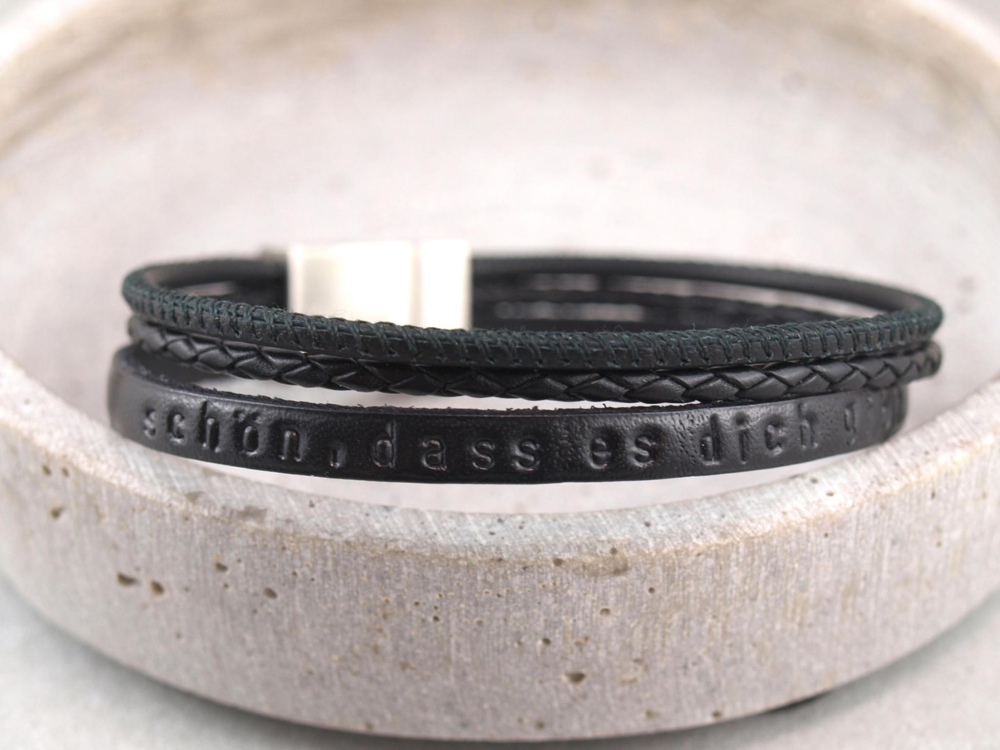 Armband Edelstahl incl.Gravur Leder schwarz 20,5 bis 22 cm mit Gravur 