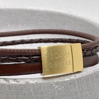Lederarmband rotbraun mit vergoldetem Verschluss, individuelle Gravur, Wunschtext
