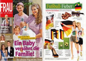 Auch die Juniausgabe der Frau im Spiegel steht ganz im Zeichen des Fussballs und bildet unsere geflochtenen Deutschland Lederarmbänder in schwarz- rot- gold ab.