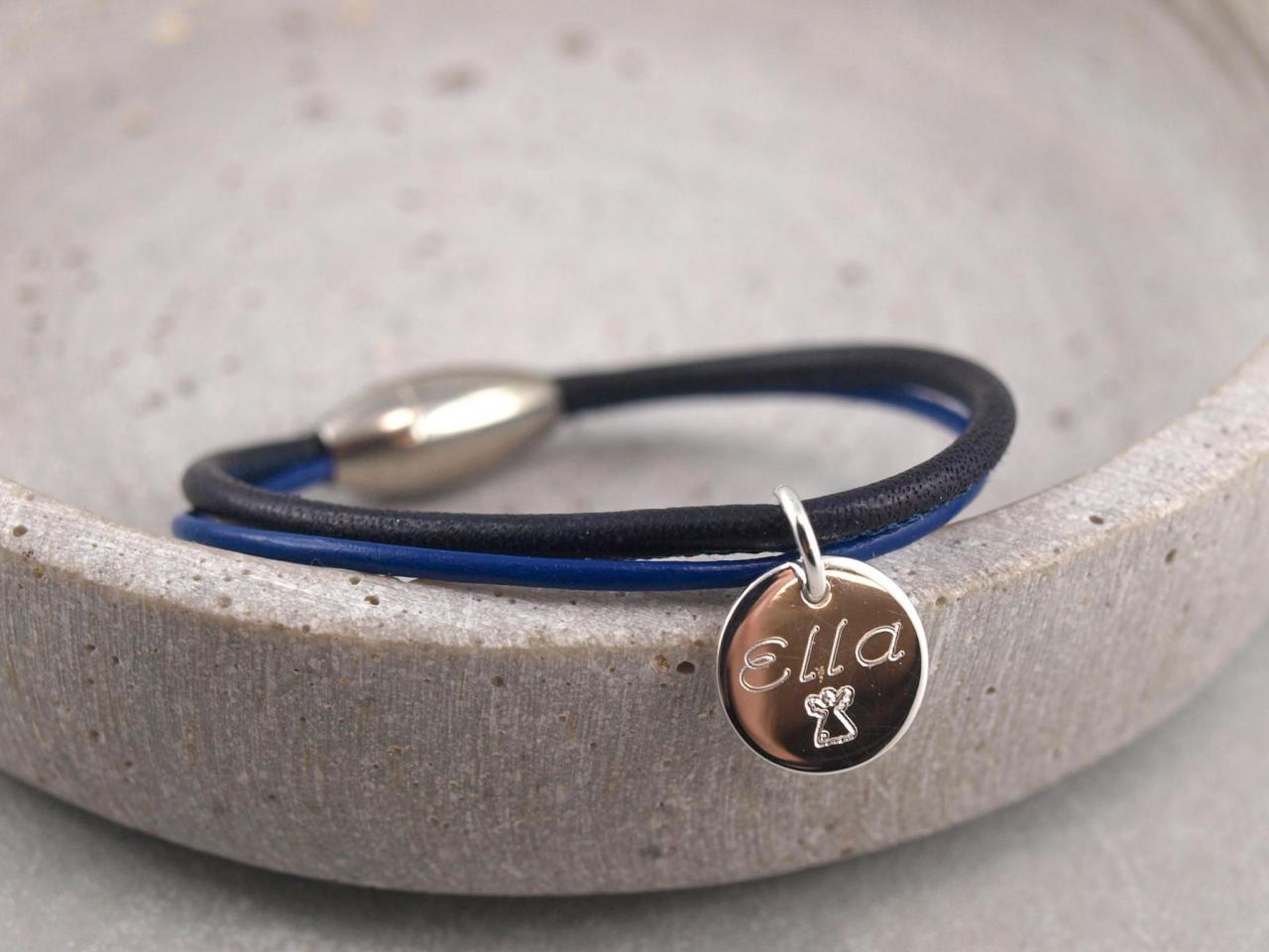 Geschenkidee zur Kommunion oder Konfirmation Lederarmband mit Gravur Anhaenger Engel und Name