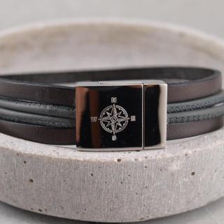 Lederarmband Felix mit Kompass Gravur auf Edelstahlmagnet in der Farbe Grau
