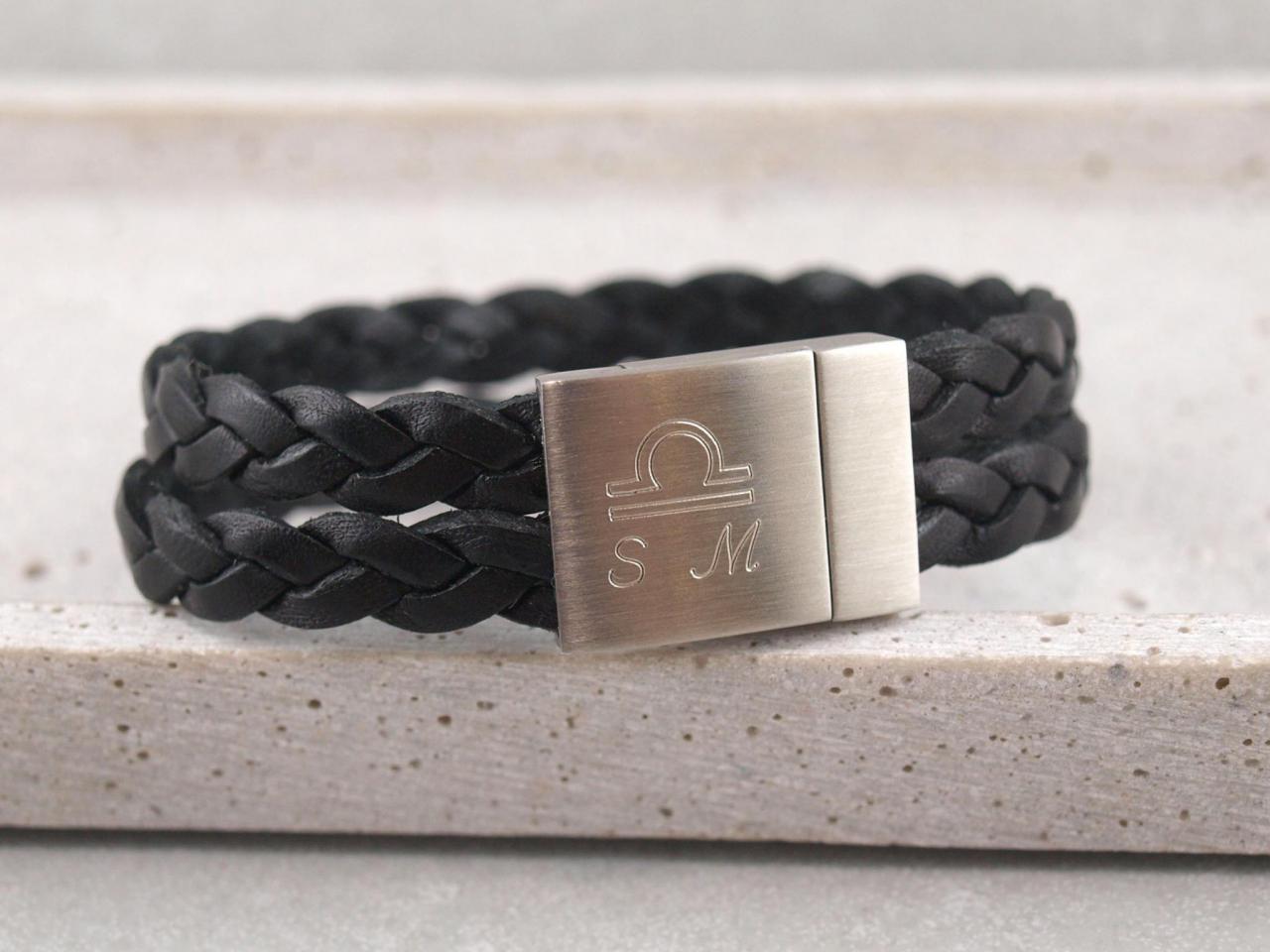 Lederarmband Lee mit Gravur auf Edelstahlmagnet Sternzeichen in schwarz (2)