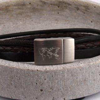Charlie Lederarmband mit Weltkarte Gravur 3 Leder Straenge braun