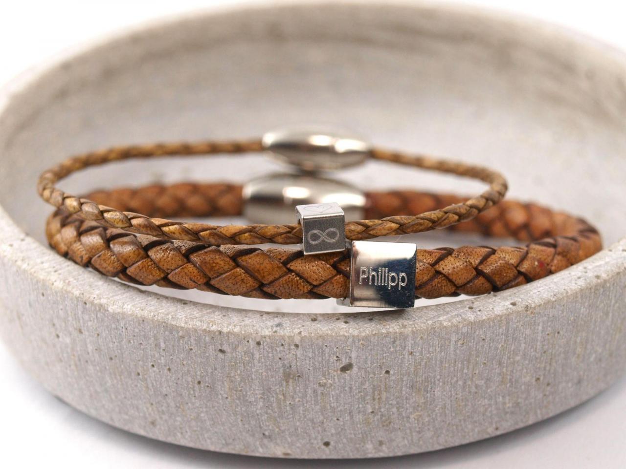 Partnerset Lederarmband Luca und Leo geflochtenes Leder vintage hellbraun mit edelstahlwuerfel