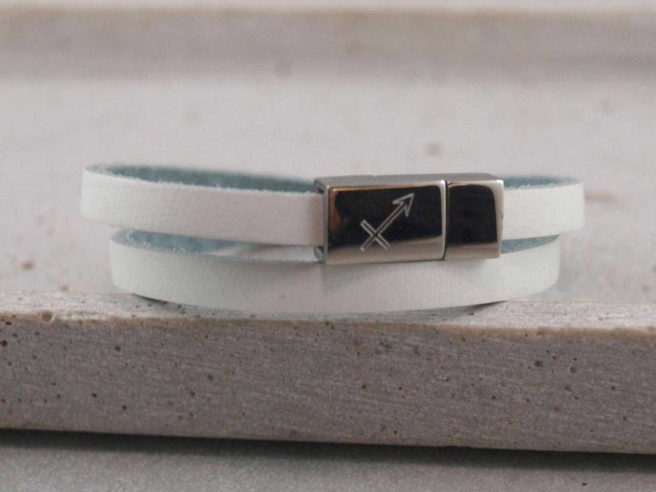 Schmales Lederarmband Nici mit Edelstahlmagnet Farbe weiß, Sternzeichengravur