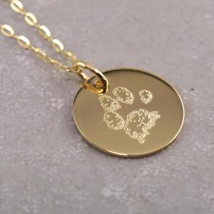 Echt goldener Anhaenger 14 mm mit individueller Gravur Pfote