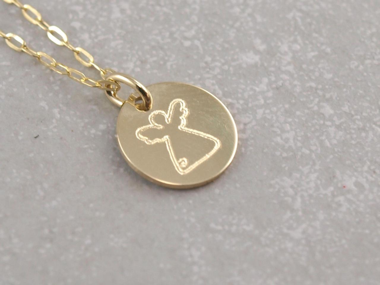 10 mm breiter runder Gravuranhaenger aus 333er Gold mit Engel Gravur