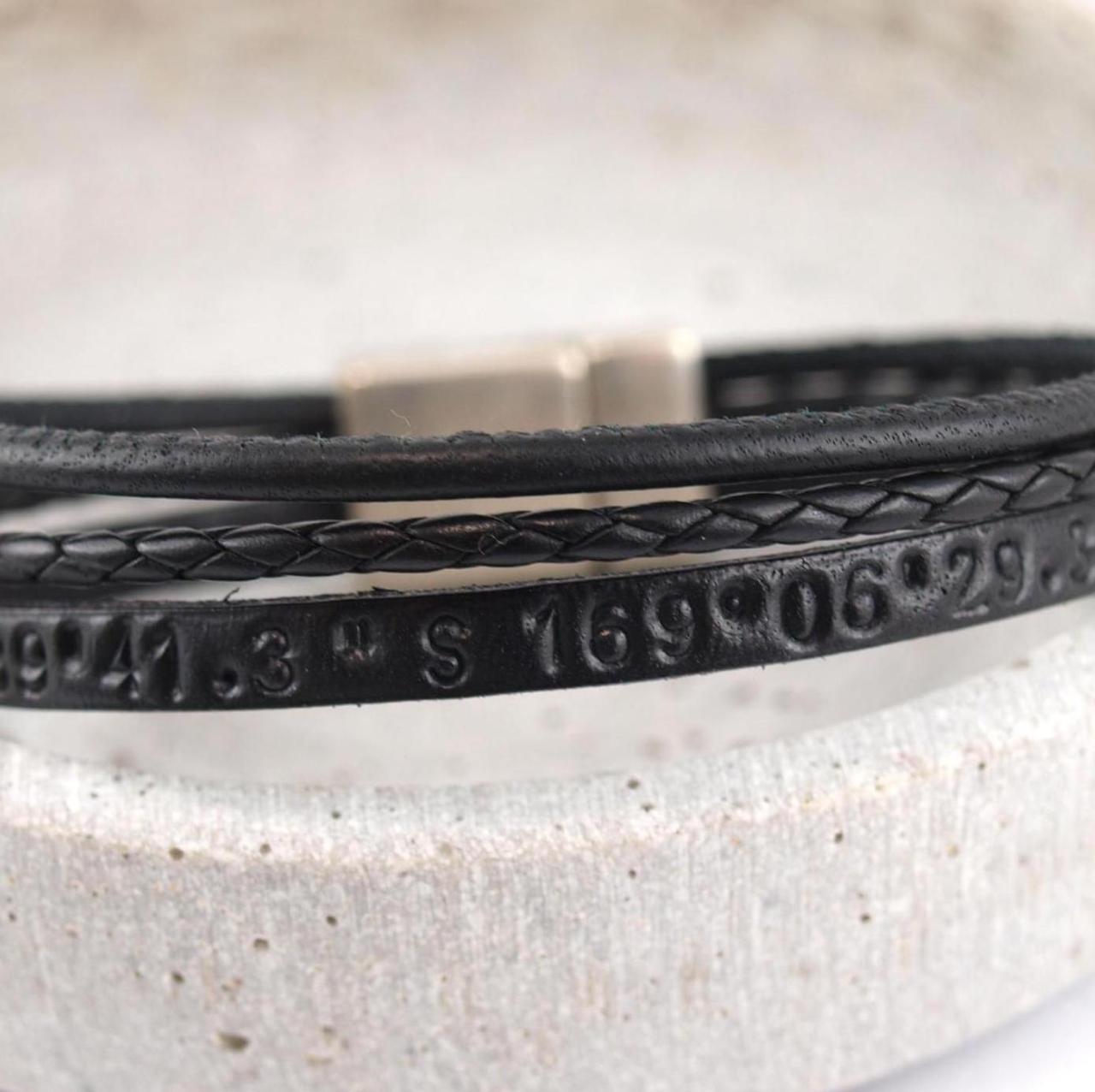 Lederarmband Charlie gravur wunschtext mit Koordinaten besonderer ort geschenkidee schwarz