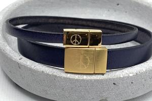 Partnerarmband aus Leder Blau mit goldenem Verschluss, peace zeichen
