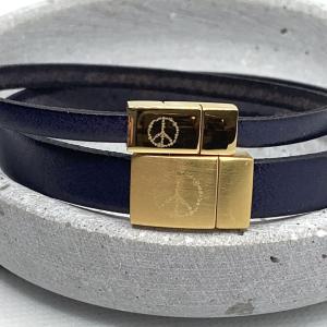 Partnerarmband aus Leder Blau mit goldenem Verschluss, peace zeichen