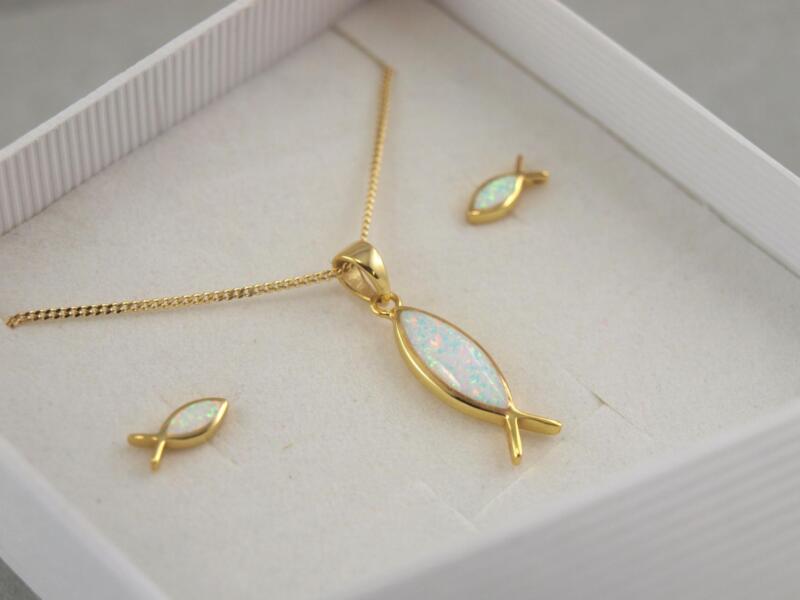 Echt Silber Ohrstecker, Geschenk Konfirmation, Geschenk Kommunion, Fischsymbol Kette mit Ohrstecker Gold