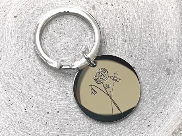 Runder Schlüsselanhänger aus Edelstahl, Geburtsblume, Monatsblume, Geschenk für Muttertag