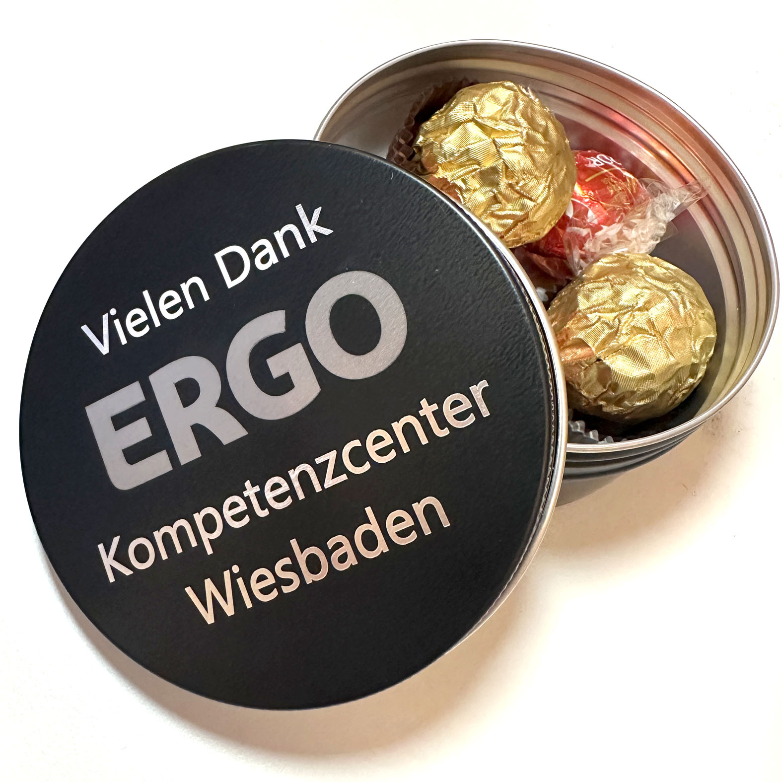 Dose mit Gravur als Geschenk, Firmenlogo Gravur, kleine Mengen, schnell geliefert, Präsent Kunde, Kundengeschenk