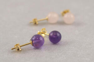 Echt Gold Ohrringe mit Edelsteinen, Edelstein Ohrring, Rosenquarz Gold, Amethyst Gold, Echter Edelstein