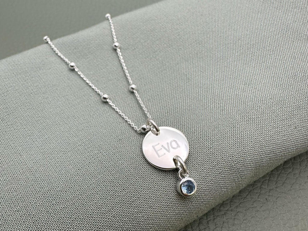 Namenskette Silber mit Geburtsstein, Kügelchenkette Silber mit Gravur