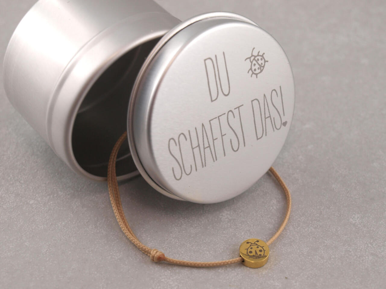 Du schaffst das Armband mit Glückskäfer, Geschenk zur Prüfung, Dose