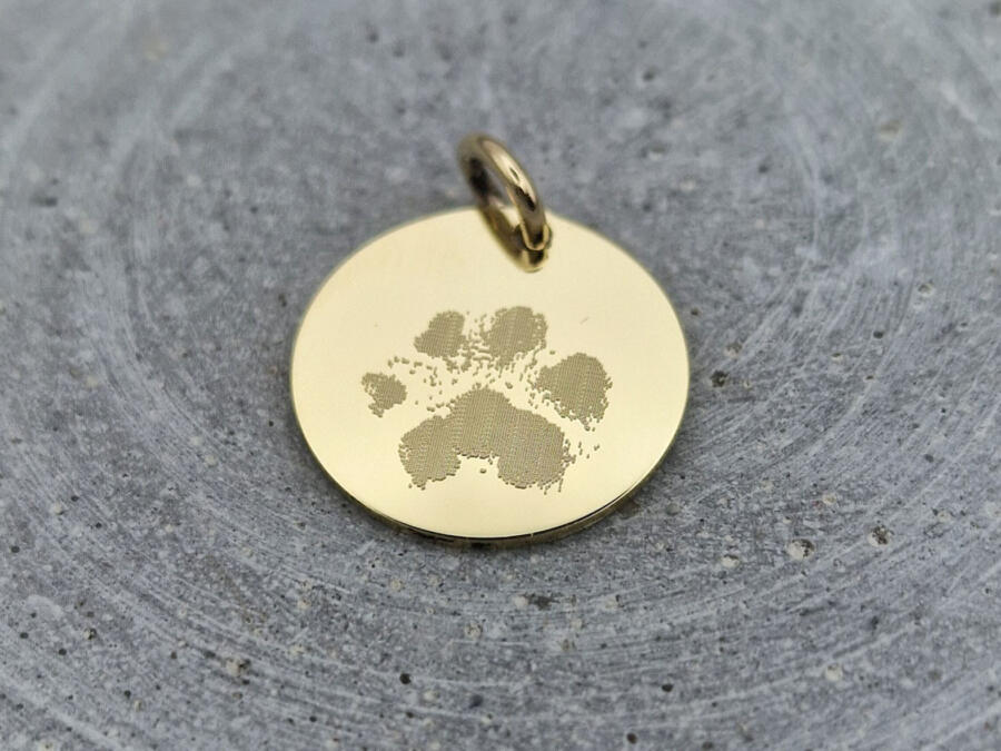 Gravuranhänger Gold Pfotenabdruck, Anhänger echt Gold Pfote