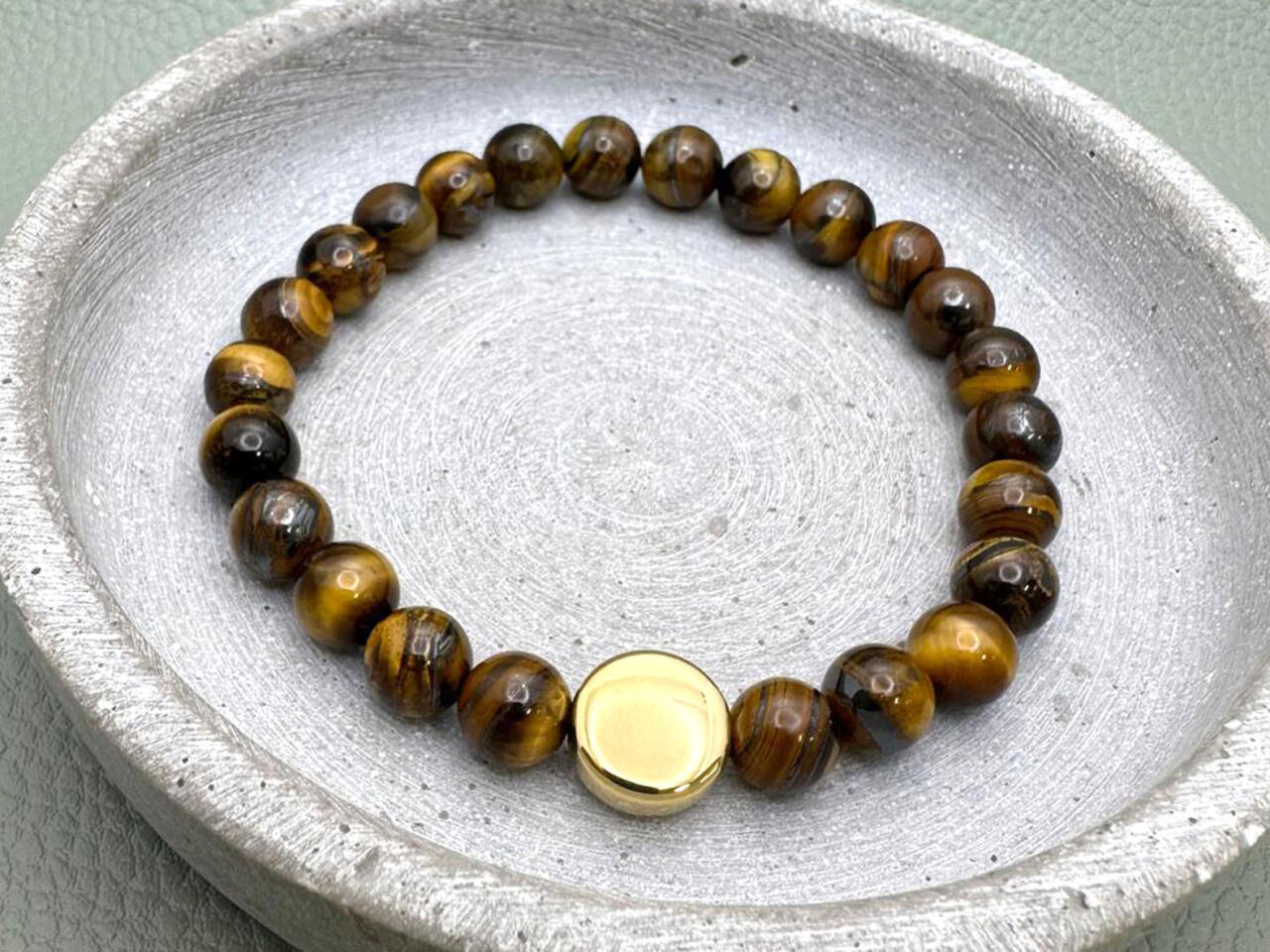 Perlenarmband Herren mit Gravur, Armband Perlen Mann, Armband Herren mit Gravur, Tigerauge, Coin gold