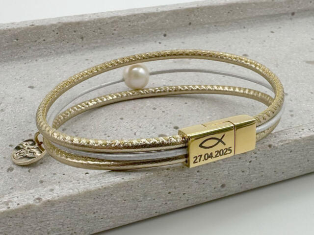 Armband zur Konfirmation Mädchen, Armband aus Leder mit Perle und Gravur, Fischgravur und Datum