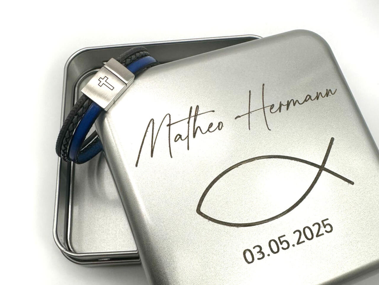 Geschenk zur Konfirmation, Geschenk Kommunion, Dose mit Gravur, Geschenkset