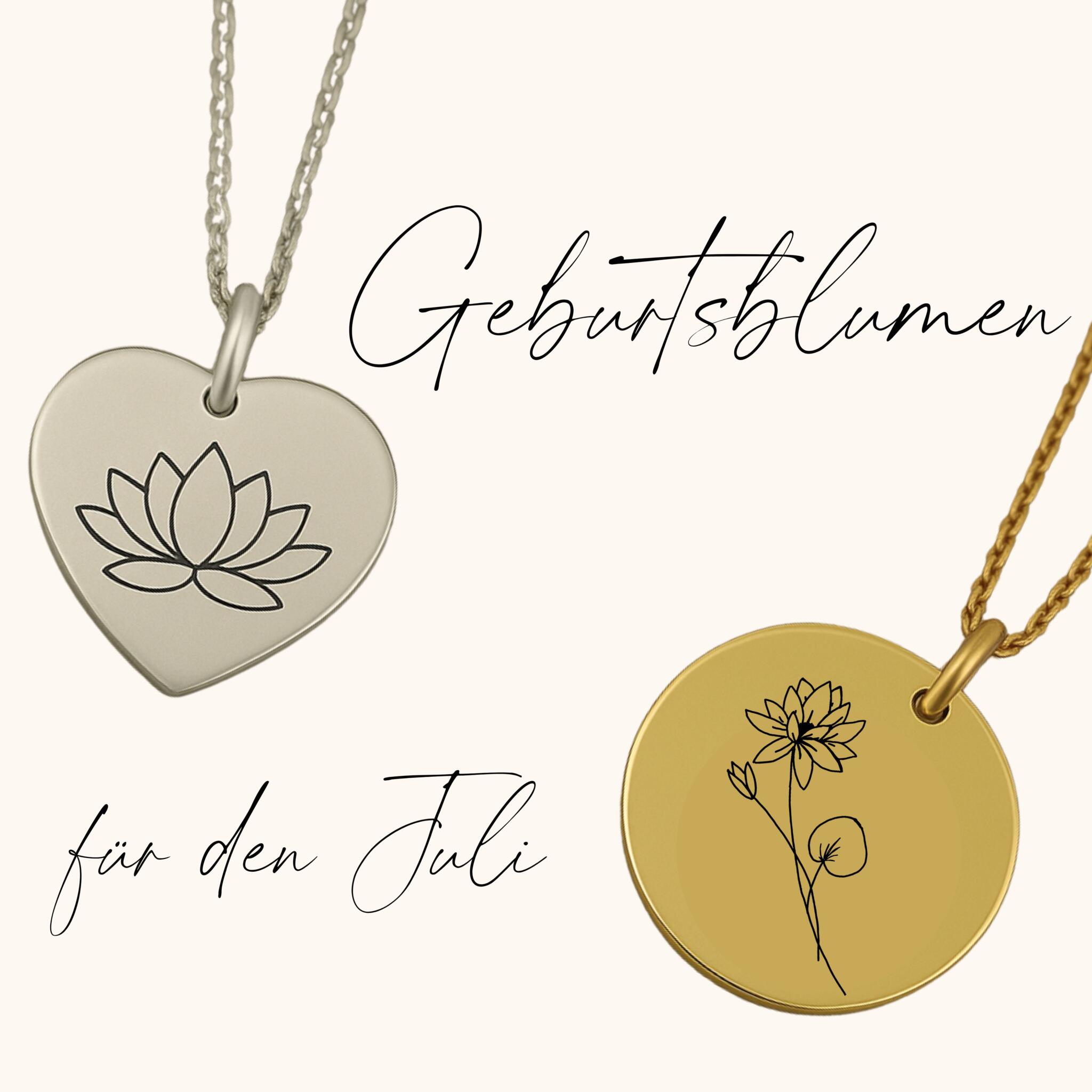 Geburtsblume für den Juli Seerose, Wasserlilie, Lotus, Rittersporn Bedeutung Schmuck Geburtsblumen Gravur Geschenkidee