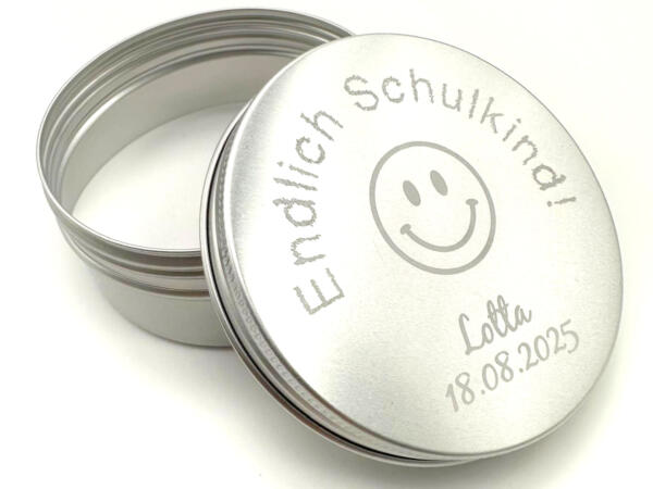 Endlich Schulkind Dose für die Einschulung Silber