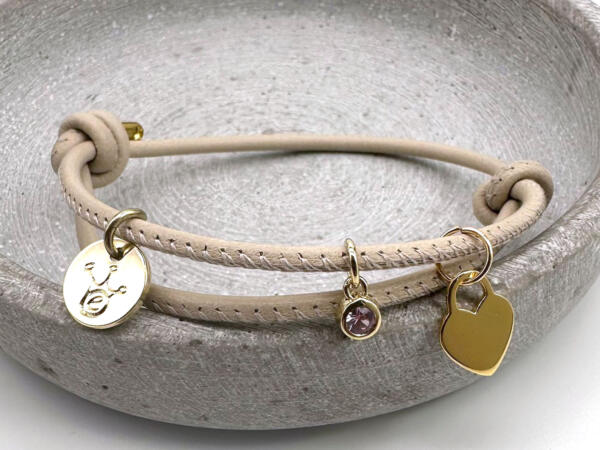 Nappalederarmband zum Knoten, größenverstellbar, Goldherz und Geburtsstein