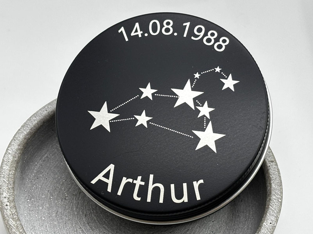 Personalisierte Dose mit Sternbild, Geschenk zum Geburtstag